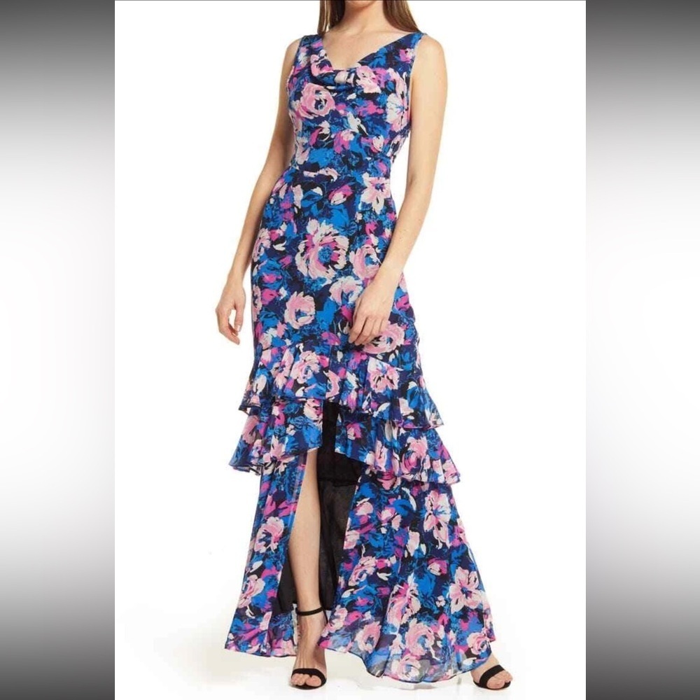 WAYF The Miramar High-Low Ruffled Gown Magenta Floral Sleeveless Maxi Dress S